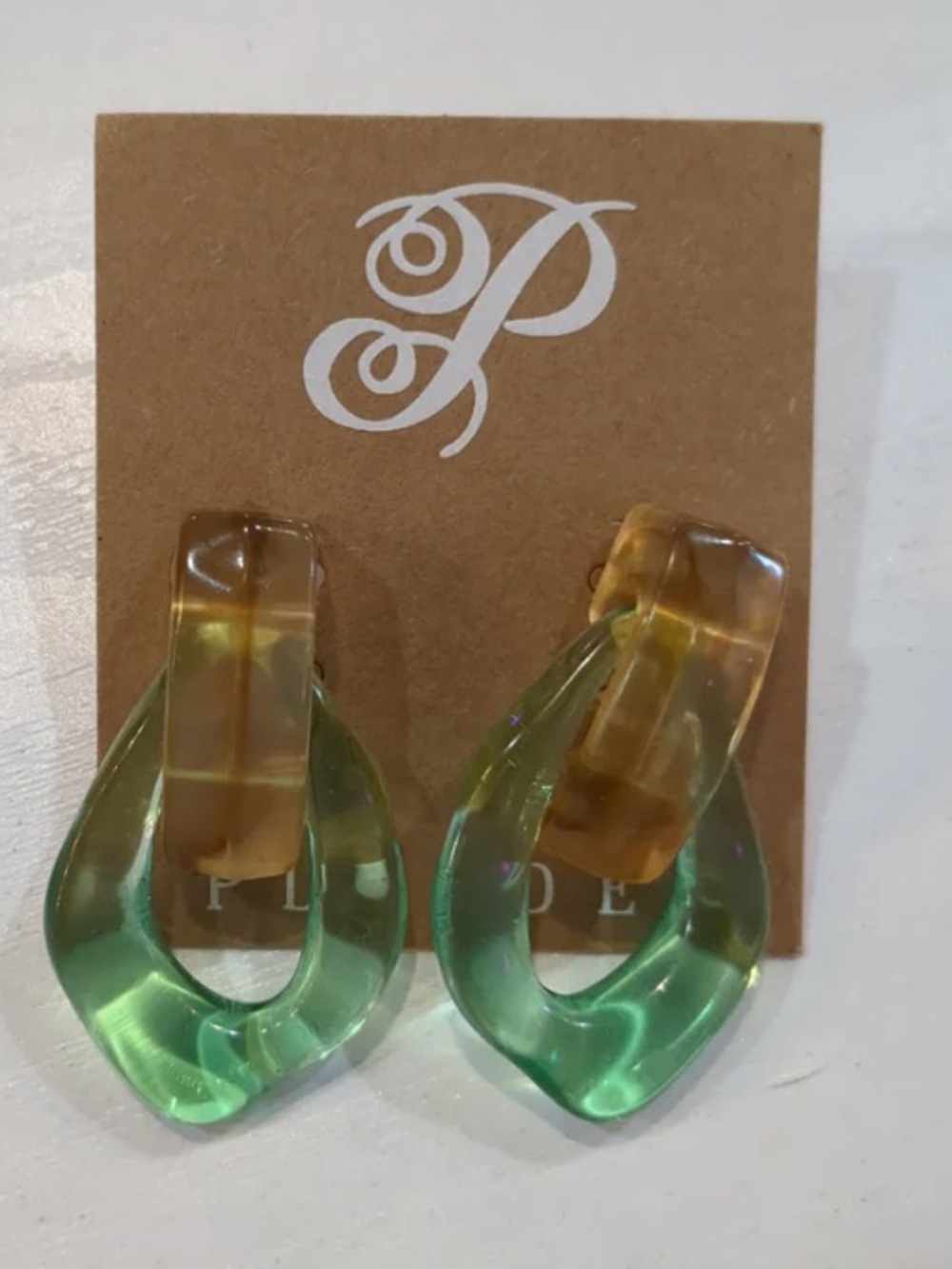 PLUNDER green earrings Puffy Teardrop Clear Stud NEW Lightweight
